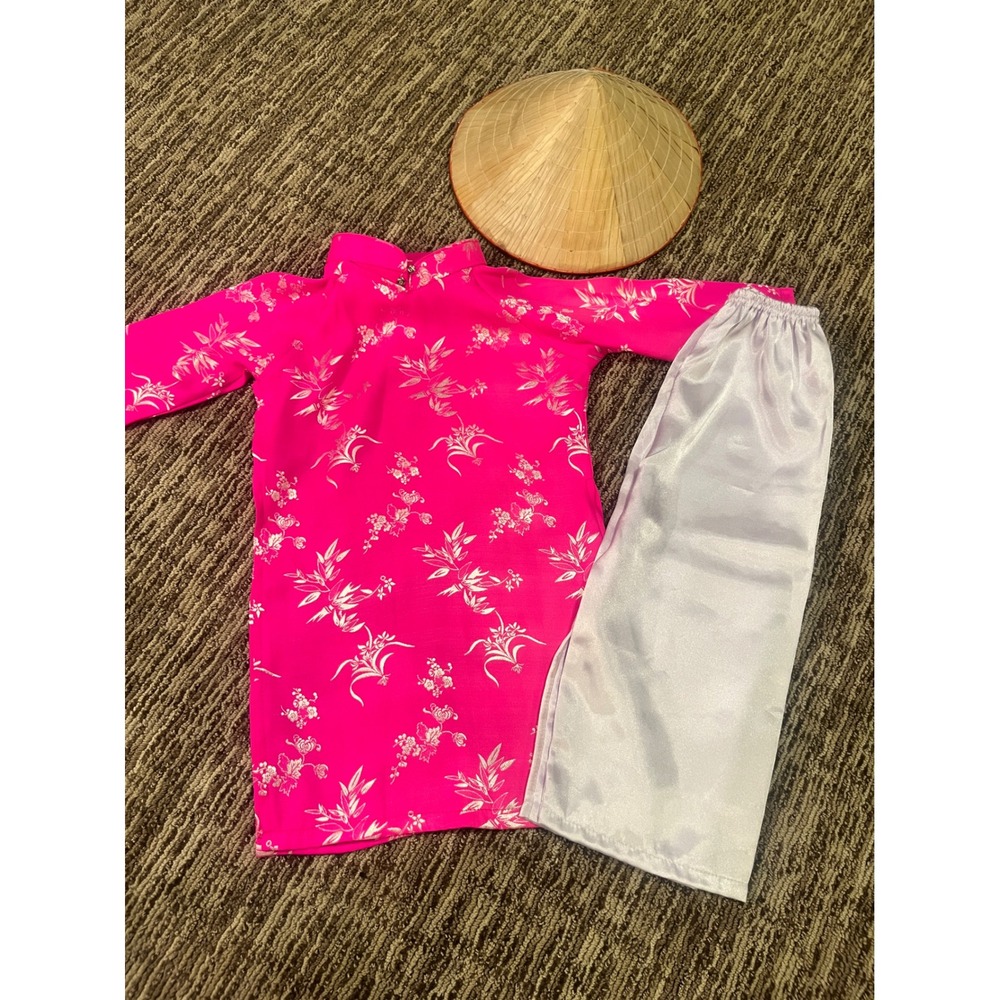 Kids Pink Vietnamese Ao Dai Floral Tunic White Pants and Conical Hat Set Size 2